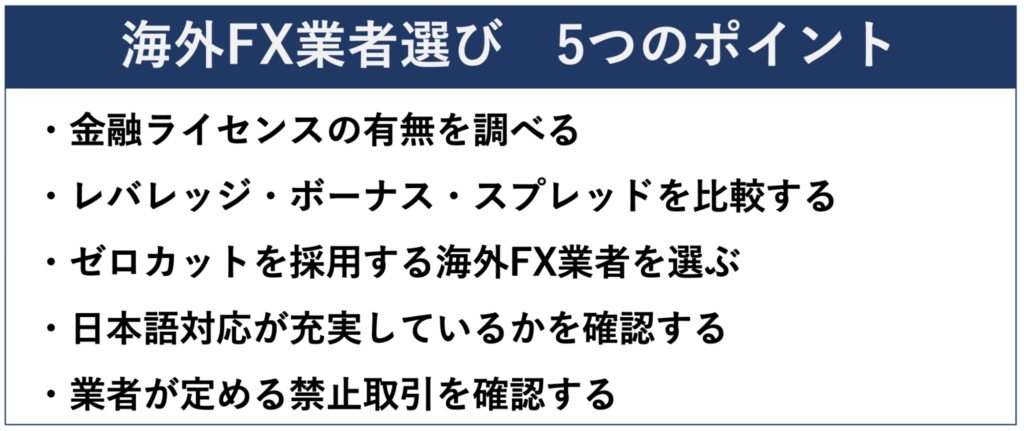 海外FX業者選び　5つのポイント