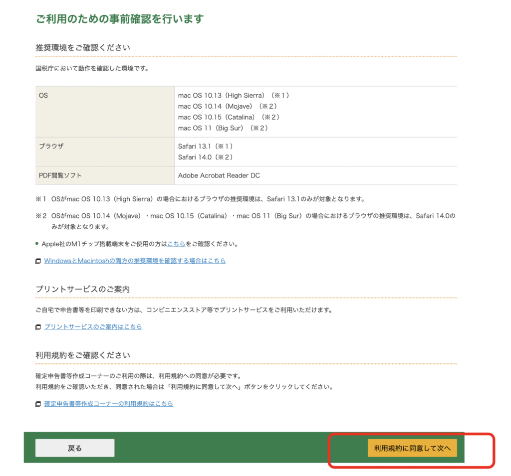 環境確認ページで「利用規約に同意して次へ」をクリック