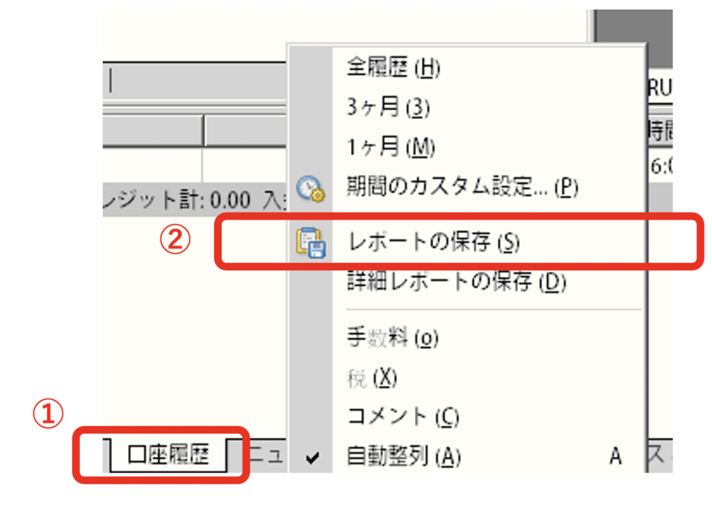 ターミナルから「口座履歴」タブを開き「期間のカスタム設定」を選択